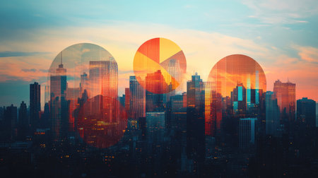A creative composition showing multiple pie charts overlaying a city skyline, symbolizing different market sectors and their financial performance, set against a twilight background to convey ambition.の素材
