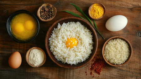 A creative flat lay of ingredients for making rice with scrambled eggs, including fresh eggs, rice, and spices, set against a rustic wooden backgroundの素材