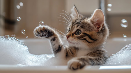 A curious kitten investigating bubbles in a bathtub, its paws playfully swatting at the foam, capturing a moment of pure joyの素材
