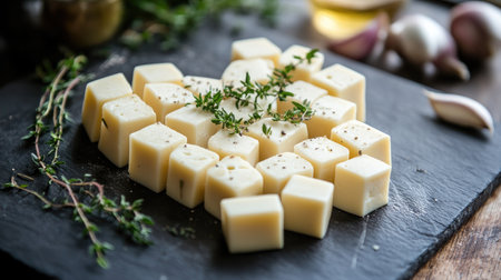 A creative shot of cheese cubes arranged in the shape of a heart, garnished with fresh herbs, presenting a romantic touch perfect for date nights or special occasions.の素材