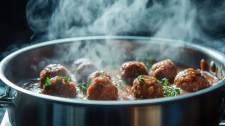 A creative shot of meatballs being dropped into a simmering pot of sauce, with steam rising and herbs floating, capturing the essence of home-cooked comfort foodの素材