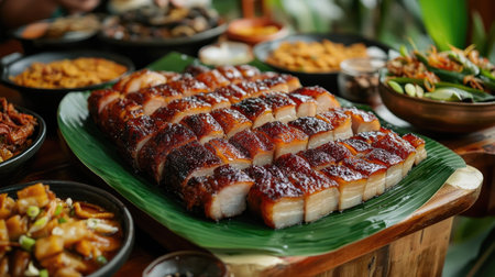A festive gathering showcasing a platter of crispy pork belly as the centerpiece, surrounded by traditional Thai dishes and lively conversation among friends.の素材