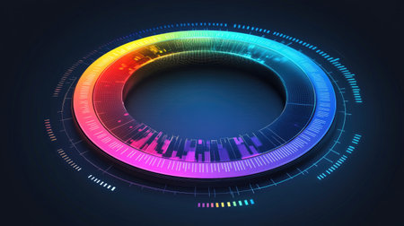 A dynamic 3D circular graph with rotating sections, glowing with neon colors, representing data distribution in a high-tech digital environment.の素材