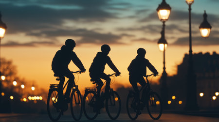 A family of cyclists in silhouette, riding together at twilight, with warm street lights glowing in the background, illustrating the joy of biking as a shared experience.の素材