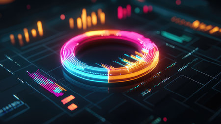 A high-tech 3D donut chart with neon-colored segments rotating around a central axis, surrounded by digital data points in a futuristic space.の素材