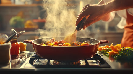 A dynamic shot of a chef stirring a bubbling pot on the stove, with steam rising and rich colors from the ingredients, showcasing the excitement and passion involved in cooking.の素材