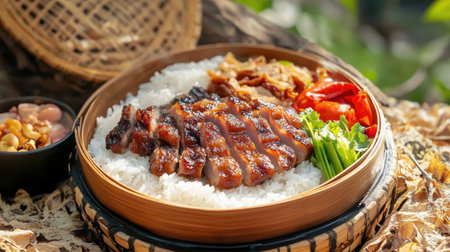 A delightful picnic scene featuring deep-fried pork belly served with sticky rice and fresh vegetables, inviting friends to gather and enjoyの素材