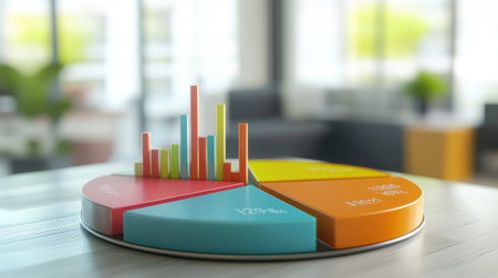 A detailed 3D pie chart showcasing a company's financial distribution, highlighting revenue streams and expenses with vibrant colors, set against a professional office backdrop to convey financial analysis.の素材