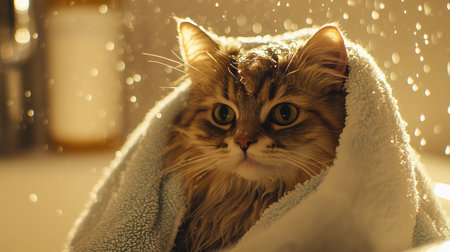 A fluffy cat drying off with a towel after a bath, with water droplets glistening on its fur, surrounded by soft lighting in a bathroomの素材