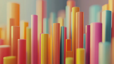 A dynamic 3D bar chart displaying colorful data representations, with upward trends and various heights, set against a sleek, modern background to highlight the growth and analysis of market data.の素材