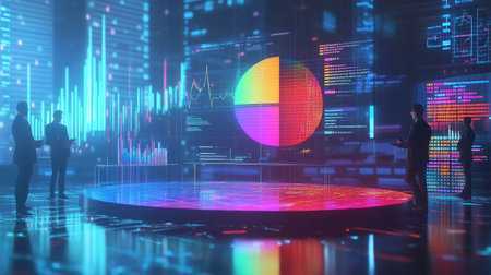 A futuristic scene showcasing a 3D pie chart projected onto a transparent screen, with business professionals discussing insights and strategies, emphasizing innovation in data presentation.の素材