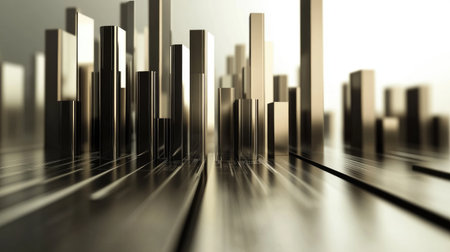 A high-tech 3D financial bar chart with metallic bars rising from a sleek surface, showing financial performance across multiple periods.の素材