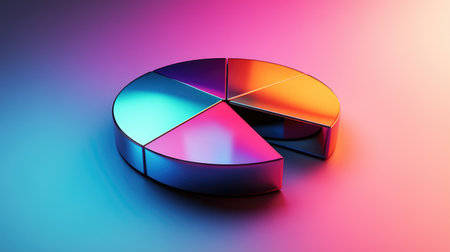 A glossy 3D pie chart with bold, metallic sections, slightly separated to emphasize each data category, on a gradient background with light reflections.の素材