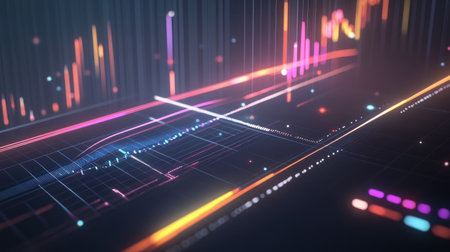 A dynamic financial graph with colorful lines and glowing bars, illustrating business growth over time, set in a modern digital workspace.の素材