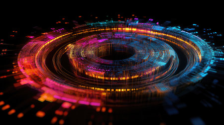 A dynamic 3D circular graph with rotating sections, glowing with neon colors, representing data distribution in a high-tech digital environment.の素材