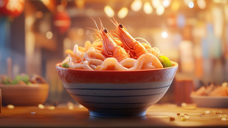 A delicious ramen bowl featuring seafood toppings like shrimp and squid, artfully arranged in the broth, with a blurred background of a traditional Japanese setting for an authentic feel.の素材