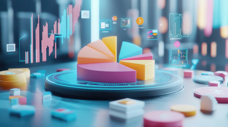 A dynamic 3D pie chart emerging from a digital interface, representing quarterly earnings distribution, surrounded by floating icons symbolizing various financial metrics, highlighting innovation in finance.の素材