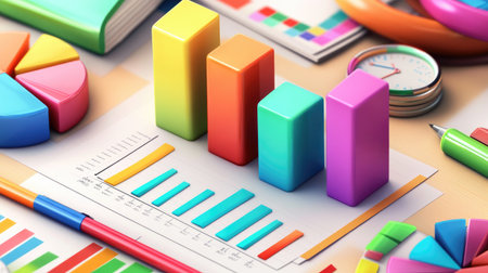 A financial report with bar and pie charts printed on paper, surrounded by office supplies, representing business performance analysis.の素材