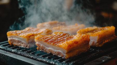 A mouthwatering shot of deep-fried pork belly sizzling on a grill, with smoke rising and a golden crust forming, highlighting the cooking processの素材