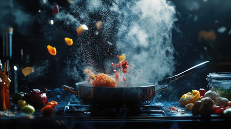 A dynamic shot of a chef stirring a bubbling pot on the stove, with steam rising and rich colors from the ingredients, showcasing the excitement and passion involved in cooking.の素材