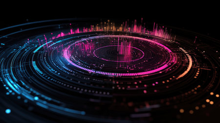 A dynamic 3D circular graph with rotating sections, glowing with neon colors, representing data distribution in a high-tech digital environment.の素材