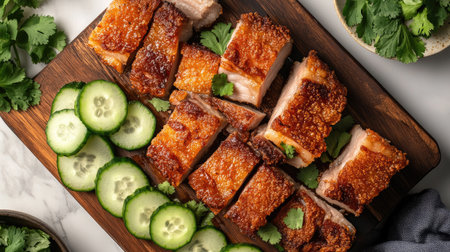 A delectable overhead shot of deep-fried pork belly arranged on a wooden platter, garnished with cucumber slices and fresh cilantro, ready to be enjoyedの素材