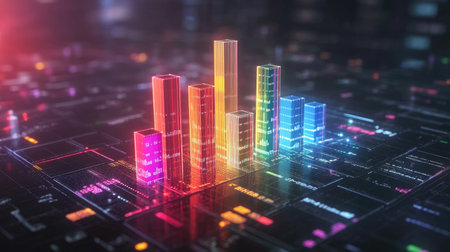 A glowing 3D bar graph with metallic, multicolored bars representing financial data, set on a sleek, futuristic digital platform with soft shadows.の素材