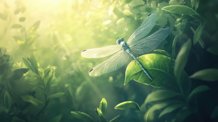 A dragonfly resting on the edge of a broad leaf, its delicate wings shimmering in the soft sunlight, surrounded by the greenery of the forest.の素材