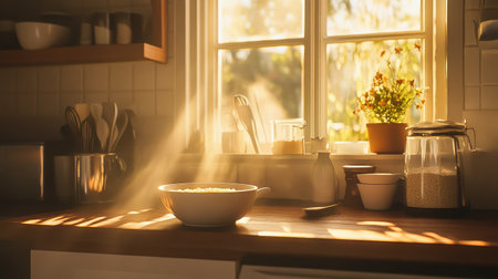 A hot bowl of rice porridge served in a cozy kitchen, with sunlight streaming through the window, creating a warm and inviting atmosphere for a homestyle breakfast.の素材