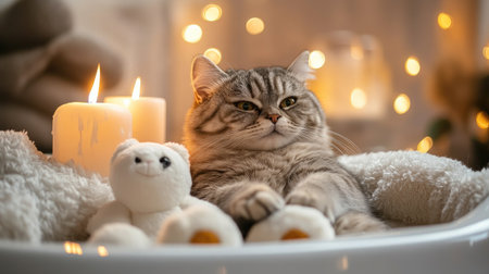 A fluffy Scottish Fold cat relaxing in a warm bath, surrounded by soft toys and scented candles, creating a cozy and relaxing atmosphereの素材