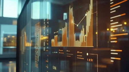 A modern business chart with upward-trending bars and arrows, showcasing financial progress, displayed on a digital screen with floating data labels.の素材
