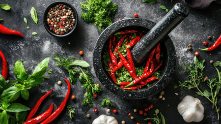 A mortar and pestle filled with crushed chili peppers and garlic, surrounded by fresh herbs and spices, ready to create a spicy seasoning blend.の素材