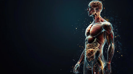 A detailed anatomical illustration of the human body, highlighting major organs and systems, set against a dark background, perfect for educational materialsの素材
