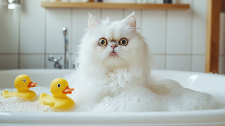 A fluffy white Persian cat sitting in a bubble bath, looking surprised, with playful rubber ducks floating beside it in a bright bathroomの素材
