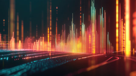 A dynamic 3D line graph with glowing lines climbing upward, representing business growth, set against a sleek, modern background.の素材