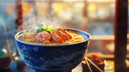 A delicious ramen bowl featuring seafood toppings like shrimp and squid, artfully arranged in the broth, with a blurred background of a traditional Japanese setting for an authentic feel.の素材