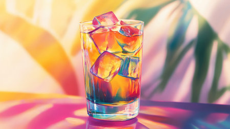 A highball glass filled with colorful cocktails, with ice cubes floating on top, capturing the vibrant hues and the inviting look of a summer gatheringの素材