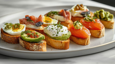 A plate of artisan toasted bread with different toppings like sliced avocado, smoked salmon, and poached eggs, styled beautifully for a gourmet brunch.の素材