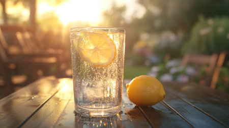 A glass of iced lemon water on a patio table, with condensation on the outside, a sunny garden in the background, inviting viewers to enjoy a cool drink.の素材