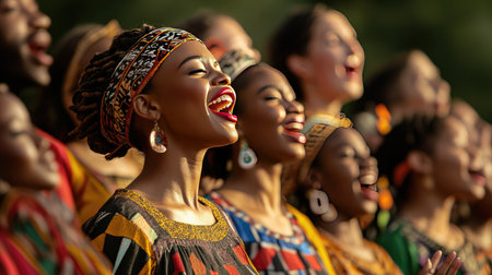 A multicultural choir singing a traditional song, dressed in cultural attire, emphasizing unity and diversity through the power of music.の素材
