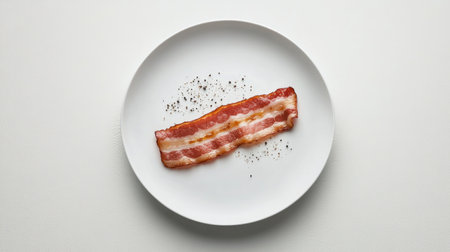 A minimalist composition featuring a single, perfectly cooked slice of bacon lying flat on a white plate, with a sprinkle of black pepper, highlighting its savory appeal.の素材