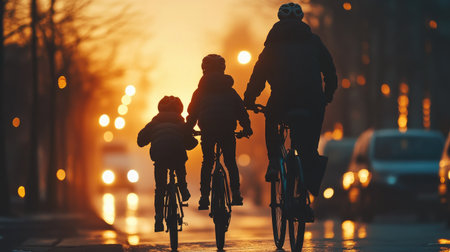 A family of cyclists in silhouette, riding together at twilight, with warm street lights glowing in the background, illustrating the joy of biking as a shared experience.の素材