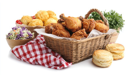 A picnic scene with a basket filled with fried chicken, alongside sides like coleslaw and biscuits, beautifully displayed on a white background, evoking a sense of outdoor fun and relaxation.の素材