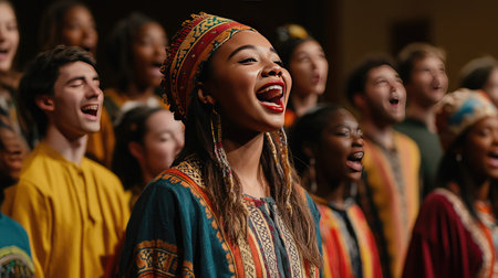 A multicultural choir singing a traditional song, dressed in cultural attire, emphasizing unity and diversity through the power of music.の素材