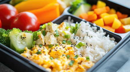 A lunchbox featuring rice and scrambled eggs along with colorful vegetables and fruit, promoting healthy eating and balanced meals for busy daysの素材