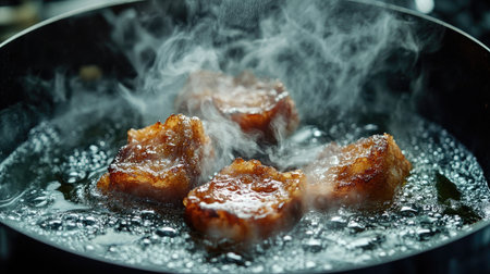 A dynamic shot of crispy pork belly being fried in hot oil, with bubbles and steam creating an enticing atmosphere in a professional kitchen.の素材