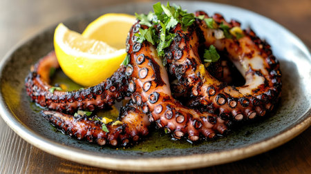 A plate of grilled octopus tentacles, charred to perfection, served with a side of lemon wedges and herbs, showcasing a delicious Mediterranean dish.の素材