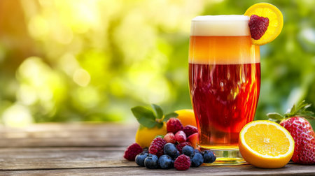 A vibrant summer drink featuring layers of fruit flavors with fresh berries and citrus. Perfect for outdoor gatherings, this refreshing beverage brings joy.の素材