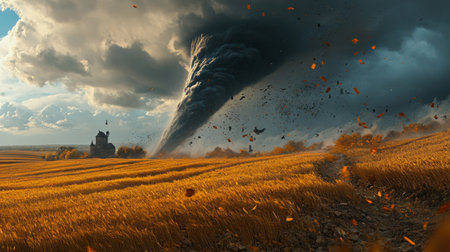A stunning scene of a tornado forming over a golden wheat field, capturing the raw power and beauty of nature's forces. An unforgettable visual experience.の素材