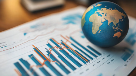 A close-up view of a globe alongside economic graphs, representing global market trends, data analysis, and financial insights in a professional setting.の素材